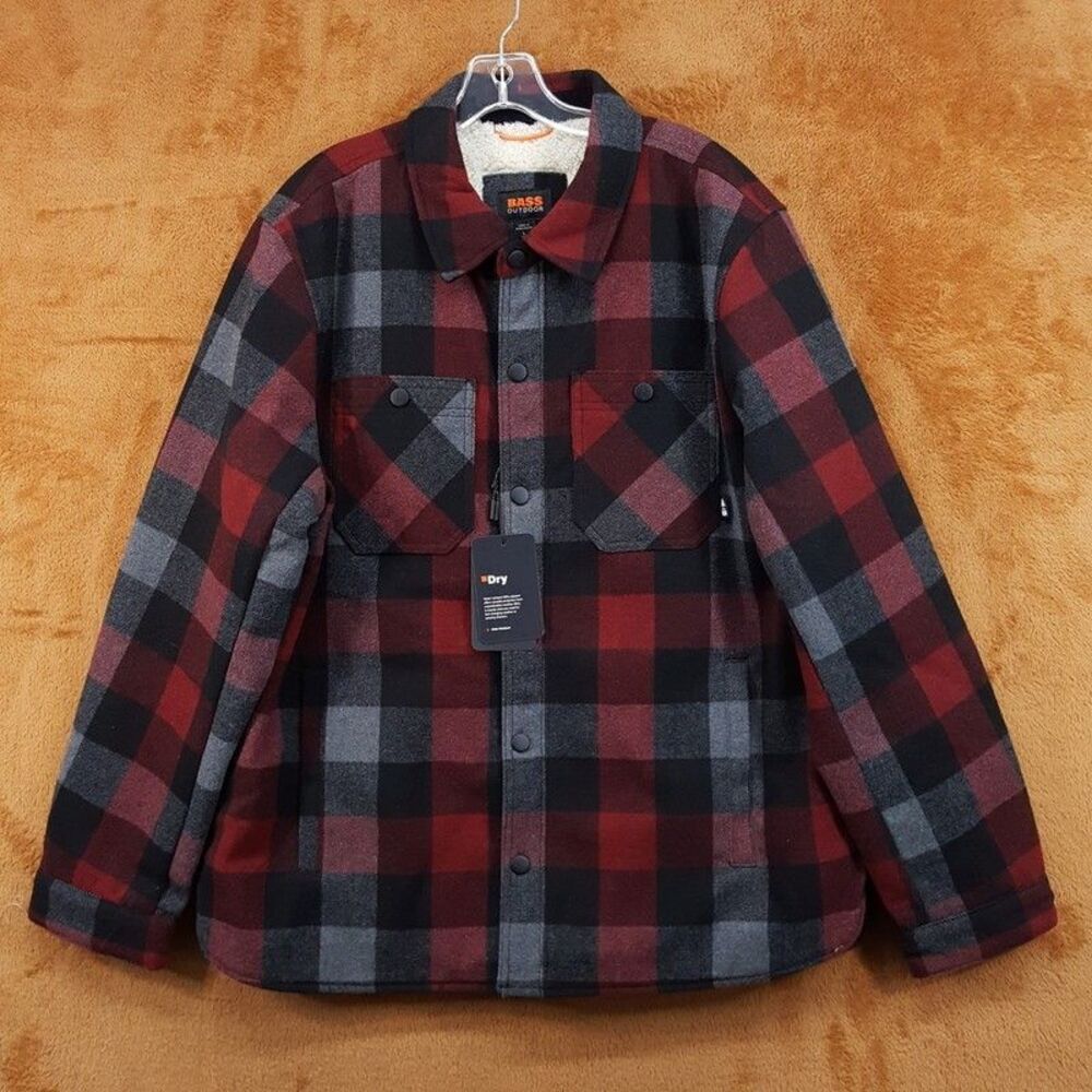 BASS OUTDOOR Shirt Jacket Mens Large Red Grey Black Plaid Flannel Sherpa Lined